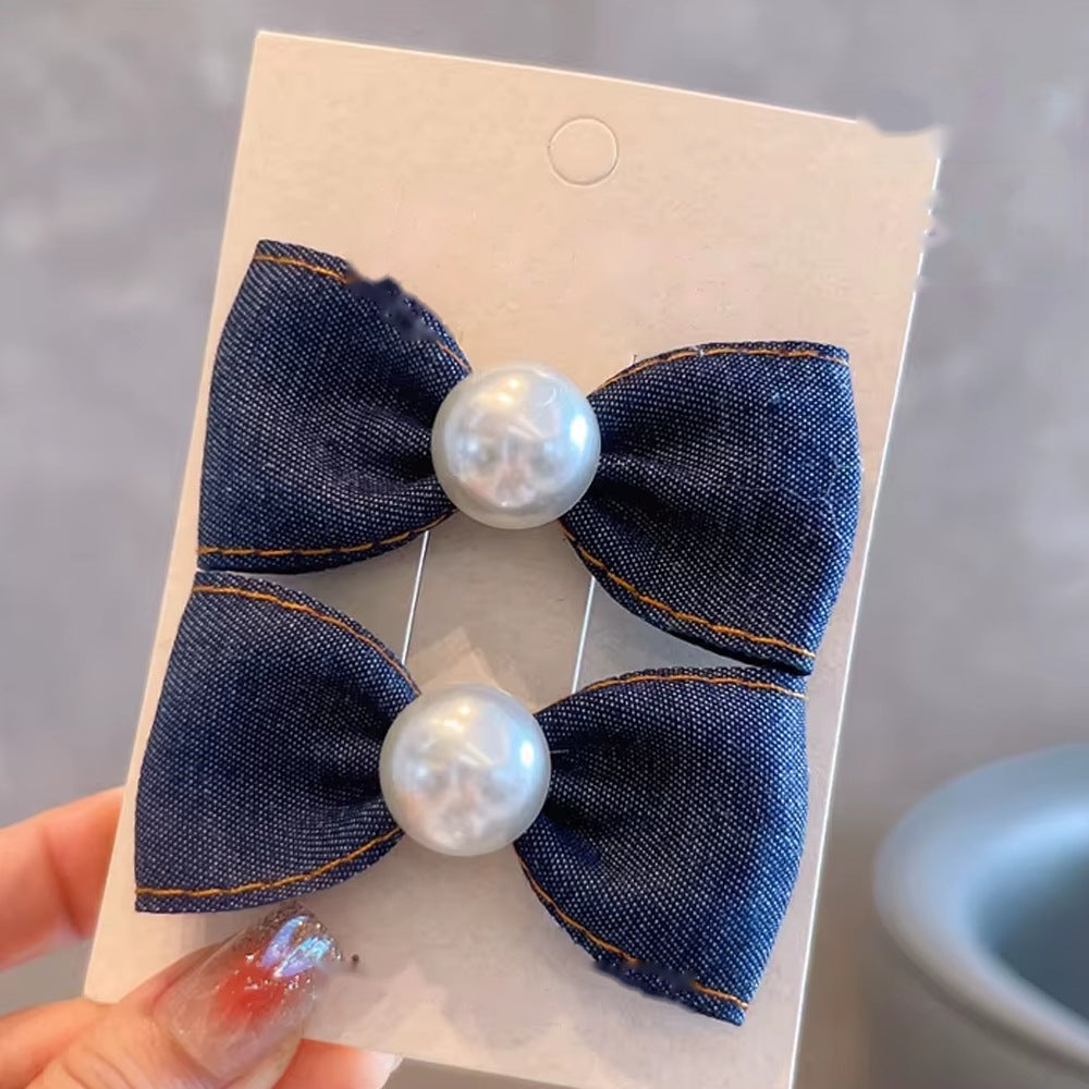 Denim Pearl Bow Hair Clips