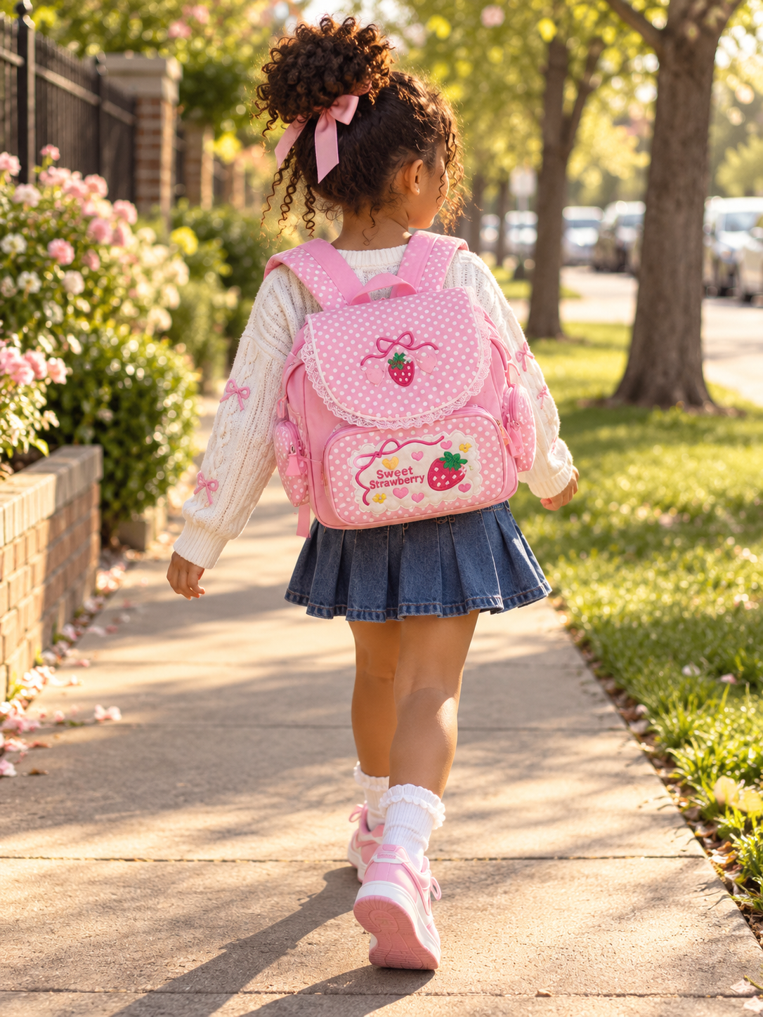 Pink Strawberry Embroidered Kids Backpack