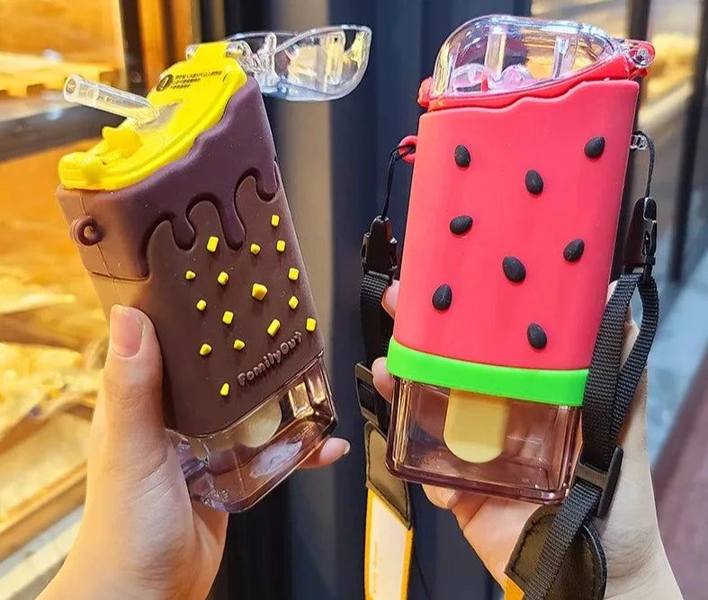 Cute Ice Cream Plastic Water Bottle with Straw Strap, Popsicle Design, Leakproof Tritan Material, BPA-Free, Watermelon Kettle