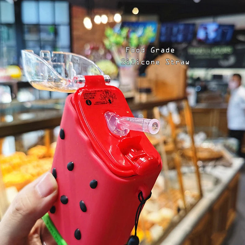 Cute Ice Cream Plastic Water Bottle with Straw Strap, Popsicle Design, Leakproof Tritan Material, BPA-Free, Watermelon Kettle