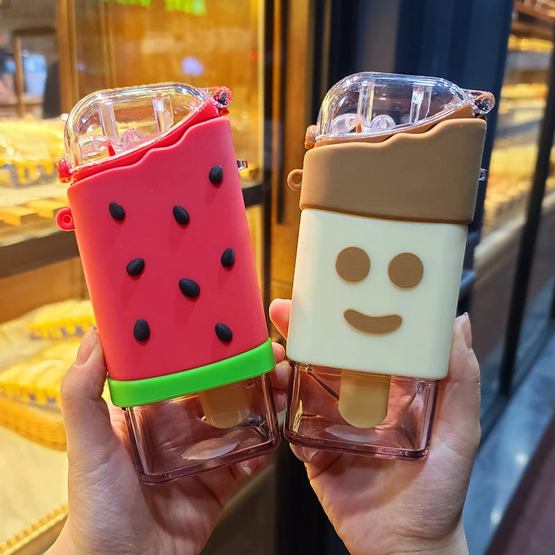 Cute Ice Cream Plastic Water Bottle with Straw Strap, Popsicle Design, Leakproof Tritan Material, BPA-Free, Watermelon Kettle