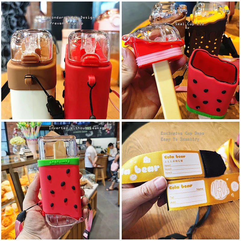 Cute Ice Cream Plastic Water Bottle with Straw Strap, Popsicle Design, Leakproof Tritan Material, BPA-Free, Watermelon Kettle