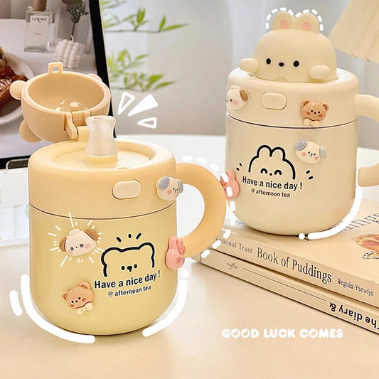 Kawaii Bear Stainless Steel Thermal Cup with Straw Lid