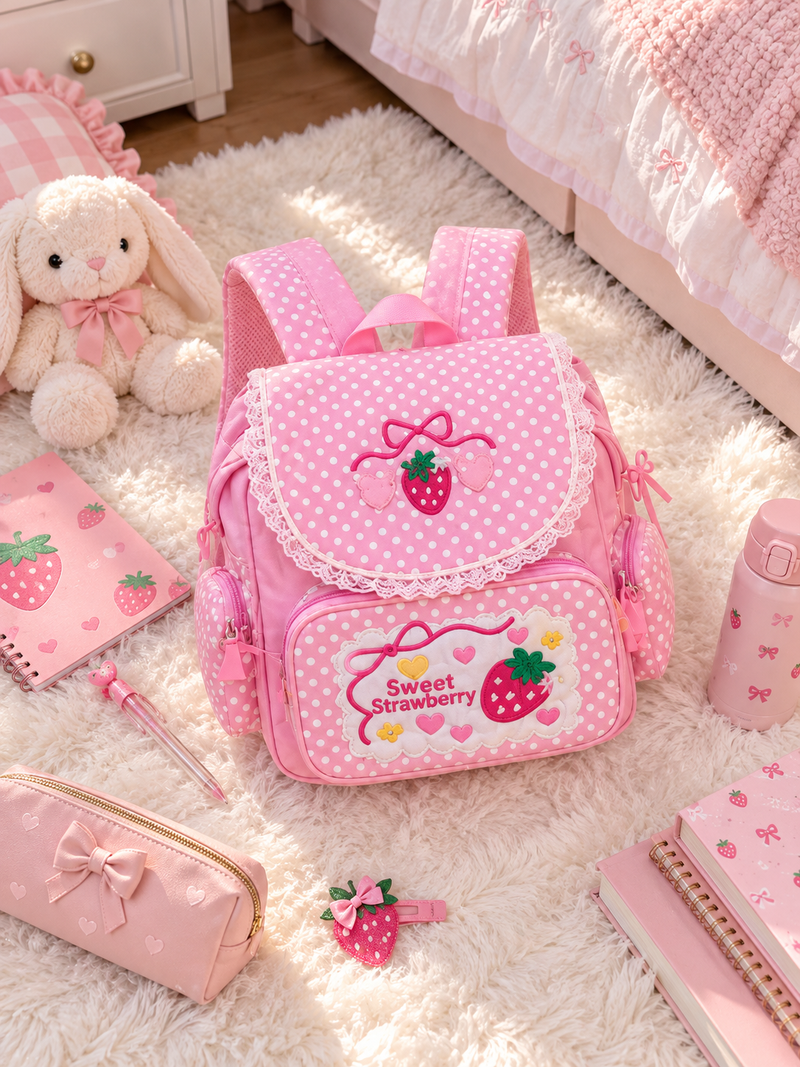 Pink Strawberry Embroidered Kids Backpack
